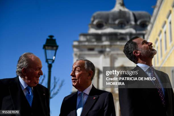 Portugal's President Marcelo Rebelo de Sousa welcomes Spain's King Felipe VI and his father former King Juan Carlos I during the XII Meeting COTEC...