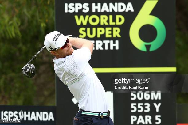 Jens Dantorp of Sweden watches his tee shot on the 11th hole during the pro-am ahead of the World Super 6 at Lake Karrinyup Country Club on February...