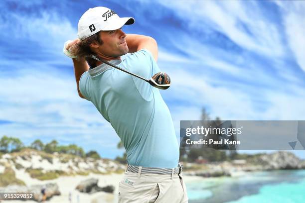 Simon Hawkes of Australia watches his tee shot on the 3rd hole during the pro-am ahead of the World Super 6 at Lake Karrinyup Country Club on...