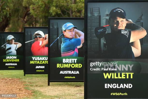 Event signage is seen leading to the 18th green during the pro-am ahead of the World Super 6 at Lake Karrinyup Country Club on February 7, 2018 in...