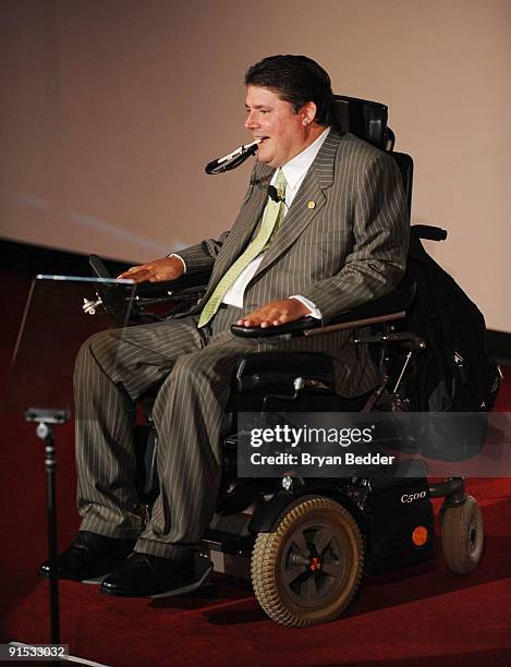 Marc Buoniconti speaks onstage at The 24th Annual Great Sports Legends Dinner benefiting The Buoniconti Fund to Cure Paralysis at The Waldorf-Astoria...