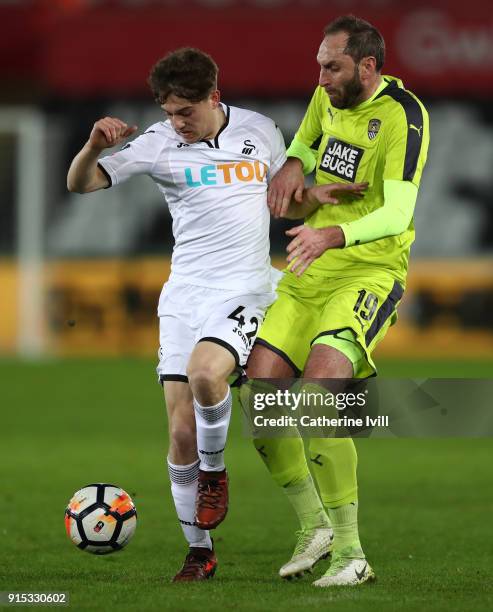 Dan James of Swansea City and Nicky Hunt of Notts County during the Emirates FA Cup Fourth Round replay match between Swansea City and Notts County...