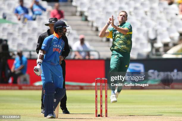 Chris Morris of South Africa sends down a delivery during the 3rd Momentum ODI match between South Africa and India at PPC Newlands on February 07,...