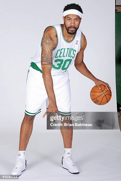 Rasheed Wallace of the Boston Celtics poses for a portrait during the 2009 NBA Media Day on September 28, 2009 at Healthpoint in Waltham,...