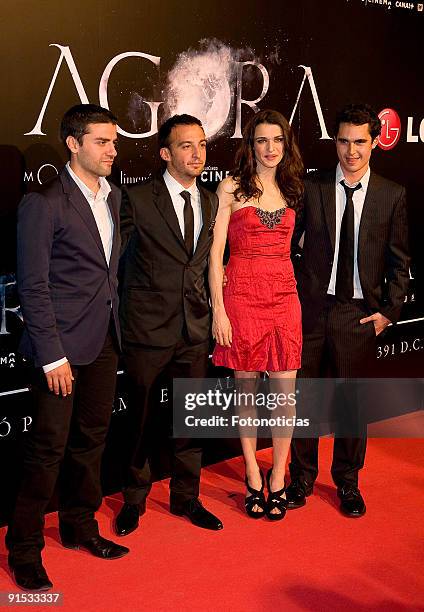 Actor Oscar Isaac, director Alejandro Amenabar, actress Rachel Weisz and actor Max Minghella attend the "Agora" premiere at Kinepolis Cinema on...