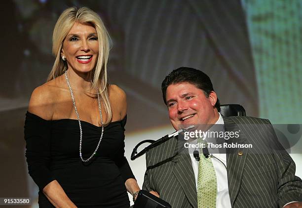 Edie Laquer and President of The Miami Project and The Buoniconti Fund to Cure Paralysis Marc Buoniconti speak onstage during The 24th Annual Great...