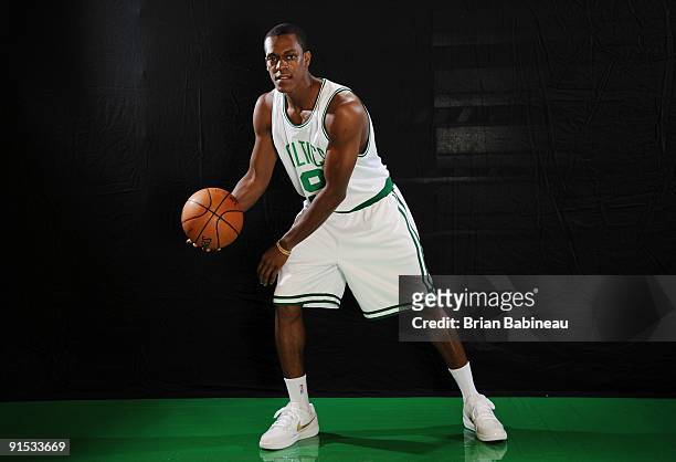 Rajon Rondo of the Boston Celtics poses for a portrait during the 2009 NBA Media Day on September 28, 2009 at Healthpoint in Waltham, Massachusetts....