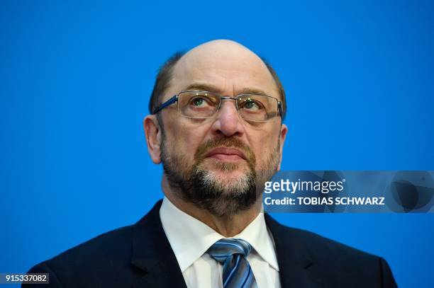 Martin Schulz, leader of the social democraatic SPD party, gives a press conference in Berlin on February 7 after conservatives and the Social...