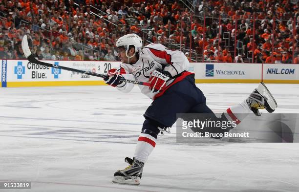 Alex Ovechkin of the Washington Capitals fires a third period shot against the Phildelphia Flyers at the Wachovia Center on October 6, 2009 in...