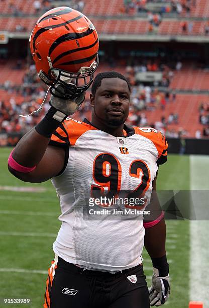 Frostee Rucker of the Cincinnati Bengals looks on against the Cleveland Browns during their game at Cleveland Browns Stadium on October 4, 2009 in...