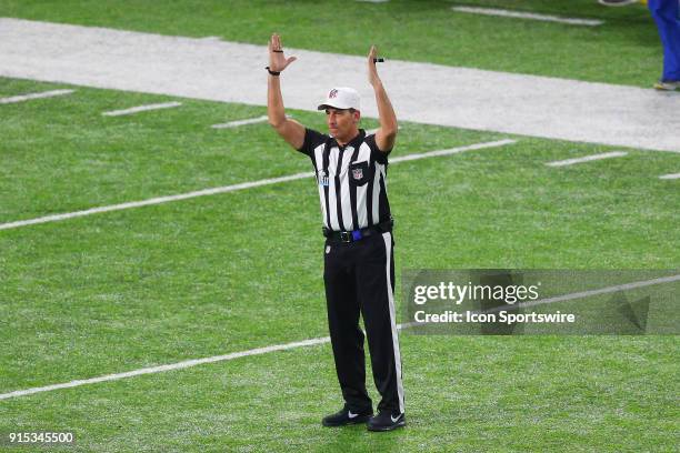 Referee Gene Steratore signals touchdown after a Microsoft Surface replay during Super Bowl LII on February 4 at U.S. Bank Stadium in Minneapolis, MN.