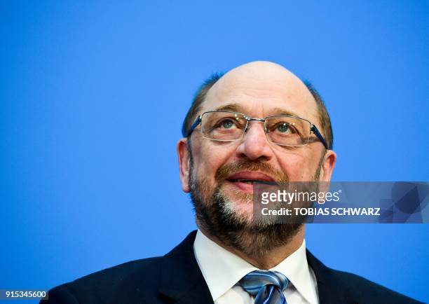 Martin Schulz, leader of the Social Democratic SPD party, gives a press conference in Berlin on February 7 after conservatives and the Social...