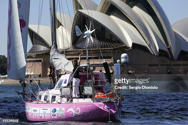 Year old solo sailor Jessica Watson sails her yacht Ella's Pink Lady past the Sydney Opera House during the official launch of her Solo round the...