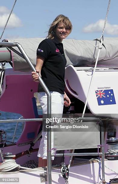 Year old solo sailor Jessica Watson sails her yacht Ella's Pink Lady around Sydney Harbour during the official launch of her Solo round the world...