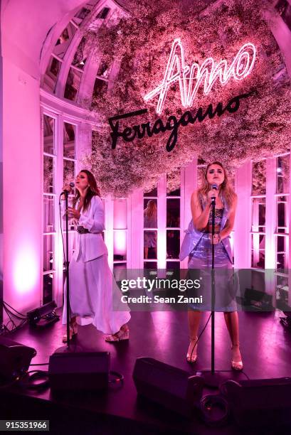 Alyson Michalka and Amanda Joy Michalka perform at Salvatore Ferragamo & Suki Waterhouse celebrate AMO Ferragamo on February 6, 2018 in New York City.