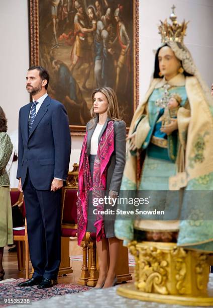 Prince Felipe and Princess Letizia of Spain visit the Basilica of Saint Francis of Assisi on October 6, 2009 in Santa Fe, New Mexico. Also seen is...