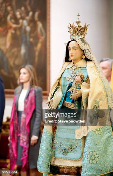 Princess Letizia of Spain visits the Basilica of Saint Francis of Assisi on October 6, 2009 in Santa Fe, New Mexico. Also seen is Our Lady of Peace,...