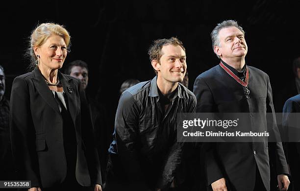 Geraldine James, Jude Law and Kevin McNally attend the Broadway opening night of "Hamlet" at the Broadhurst Theatre on October 6, 2009 in New York...