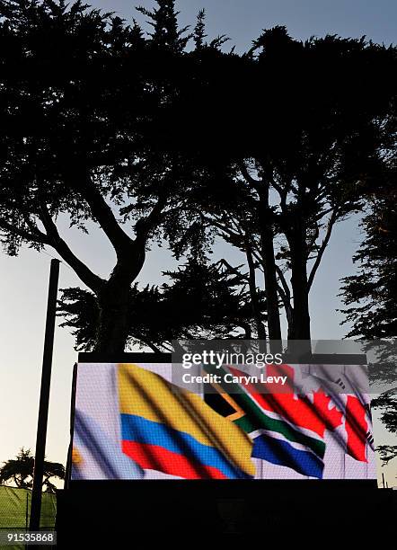Mitsubishi video board displays flags during practice for The Presidents Cup at Harding Park Golf Club on October 6, 2009 in San Francisco,...
