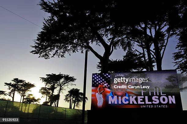 Mitsubishi video board features Phil Mickelson during practice for The Presidents Cup at Harding Park Golf Club on October 6, 2009 in San Francisco,...