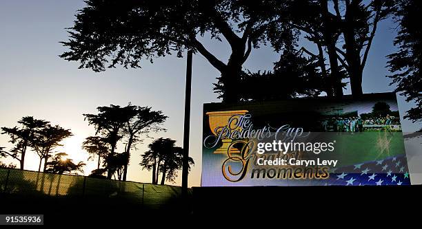 Mitsubishi video board features greatest moments during practice for The Presidents Cup at Harding Park Golf Club on October 6, 2009 in San...