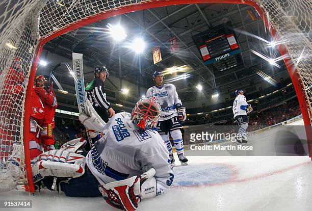 Frederick Brathwaite, goalkeeper of Mannheim lies on the ice during the DEL match between Hannover Scorpions and Adler Mannheim at the TUI Arena on...