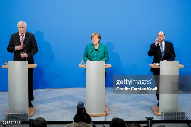 German Chancellor and leader of the German Christian Democrats Angela Merkel l, leader of the German Social Democrats Martin Schulz and Bavarian...