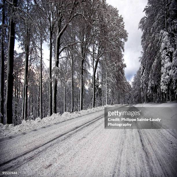 snowy road - sainte-laudy photos et images de collection