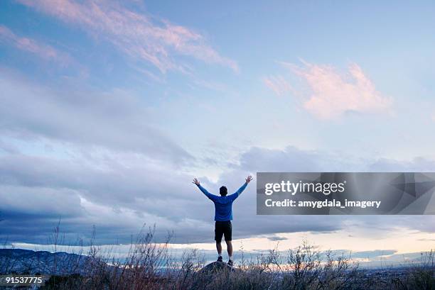 cloudscape man with arms raised into sky - better view sunset stock pictures, royalty-free photos & images