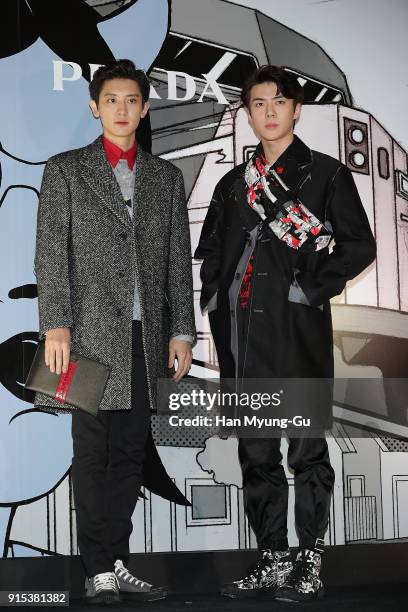 Chan Yeol and Se Hun of boy band EXO-K attend the photocall for the 'PRADA' on February 7, 2018 in Seoul, South Korea.