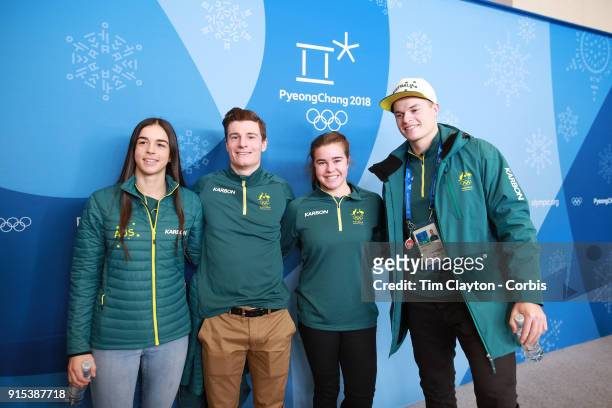 Australian Mogul skiers Jakara Anthony, Matt Graham, Britt Cox and Brodie Summers at an Australian team press conference ahead of the PyeongChang...