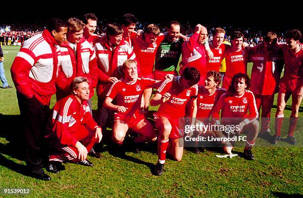 Liverpool FC players celebrate being crowned 1987/88 league champions after the Barclays League Division One match between Liverpool and Luton Town...