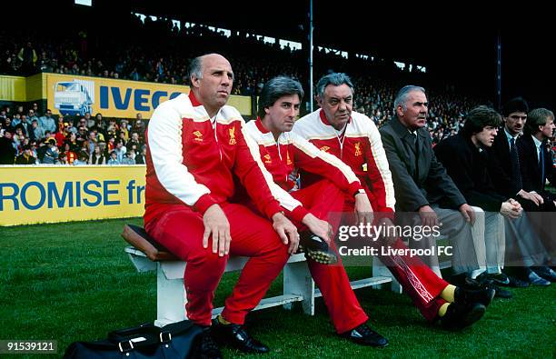 The Boot Room Boys which were Liverpool's invincible back-room staff pictured during the 1983-84 treble-winning season Ronnie Moran, Roy Evans, Joe...