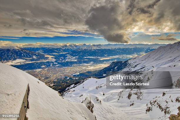 Innsbruck and the Alps are seen from the Mount Hafelekar on January 26, 2018 in Innsbruck, Austria.