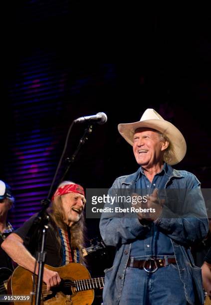 Willie Nelson and Billy Joe Shaver perform at Farm Aid 2009 at Verizon Wireless Amphitheatre on October 4, 2009 in Maryland Heights, Missouri.