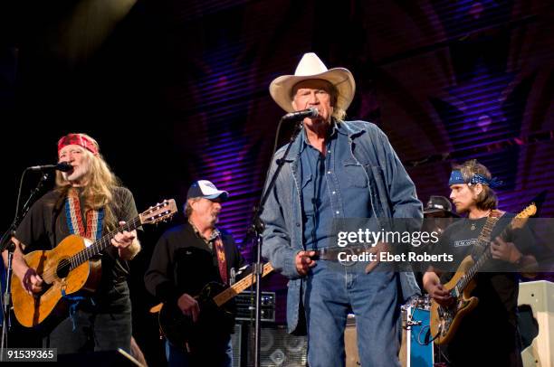 Willie Nelson, Billy Joe Shaver and Lukas Nelson perform at Farm Aid 2009 held at Verizon Wireless Amphitheatre on October 4, 2009 in Maryland...