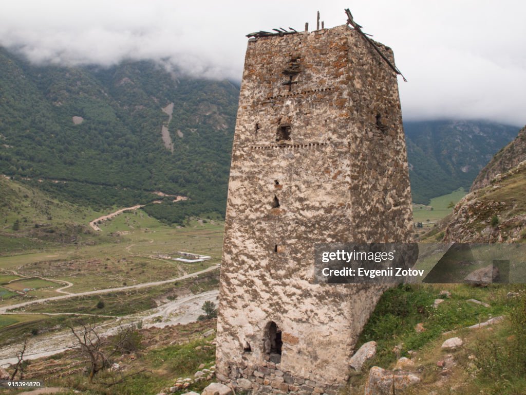 Tower of the Abaevs in vicinity of Verkhnyaya Balkaria village. Kabardino-Balkar Republic in Russia
