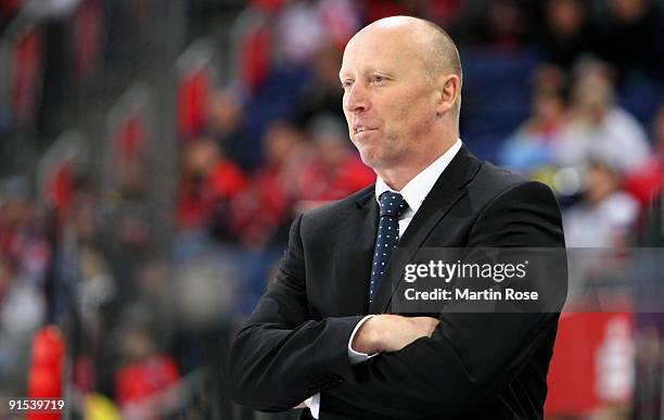 Doug Mason, head coach of Mannheim poses during the DEL match between Hannover Scorpions and Adler Mannheim at the TUI Arena on October 6, 2009 in...