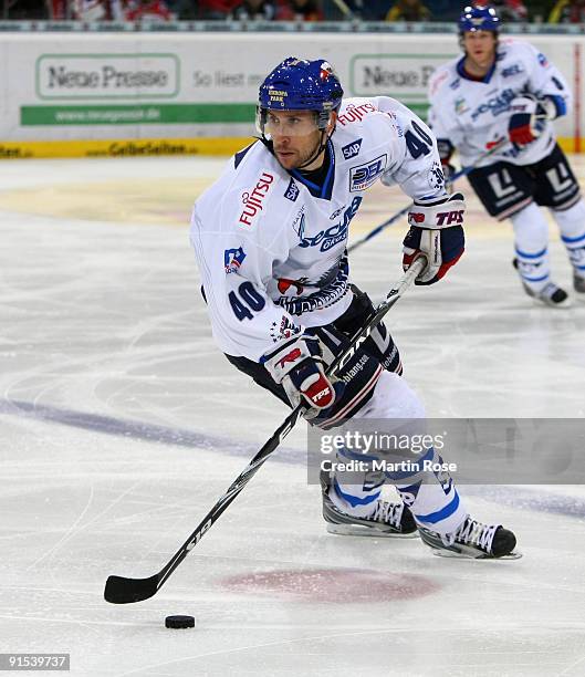 Francois Methot of Mannheim skates with the puck during the DEL match between Hannover Scorpions and Adler Mannheim at the TUI Arena on October 6,...