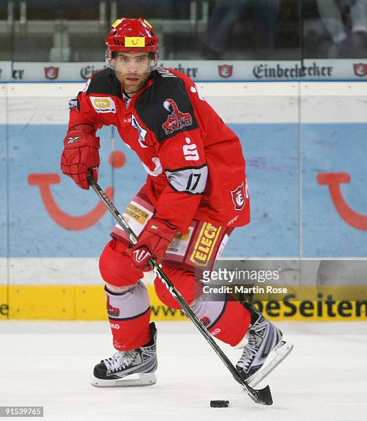 Nikolaus Mondt of Hannover skates with the puck during the DEL match between Hannover Scorpions and Adler Mannheim at the TUI Arena on October 6,...