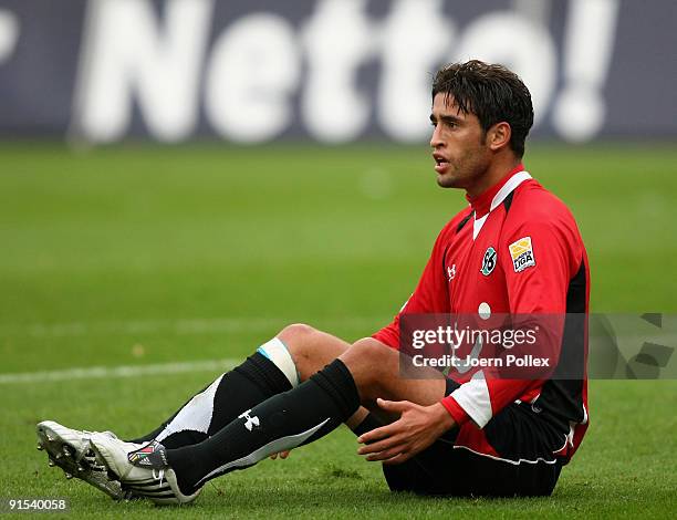 Karim Haggu of Hannover looks on during the Bundesliga match between Hannover 96 and SC Freiburg at AWD-Arena at AWD-Arena on October 3, 2009 in...