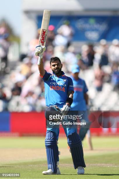 Indian captain Virat Kohli celebrates reaching his century during the 3rd Momentum ODI match between South Africa and India at PPC Newlands on...