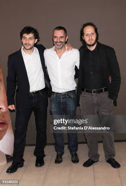 Actor Filippo Timi, Director Giuseppe Capotondi and actor Fausto Russo Alesi attend 'La Doppia Ora' Photocall at Cinema Apollo on October 7, 2009 in...