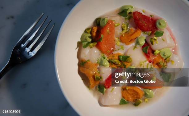 Nantucket Bay scallop crudo is pictured at Pammy's in Cambridge, MA on Feb. 2, 2018.