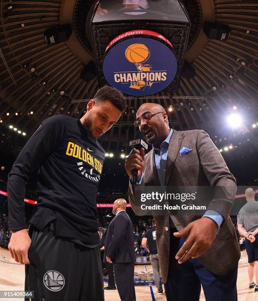 Dennis Scott of NBA TV interviews Stephen Curry of the Golden State Warriors before the game against the Oklahoma City Thunder on February 6, 2018 at...