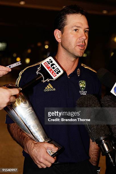 Ricky Ponting of Australia speak to the media during a press conference upon their return to Australia at Sydney International Airport on October 7,...