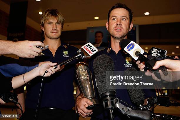 Ricky Ponting and Shane Watson of Australia speak to the media during a press conference upon their return to Australia at Sydney International...