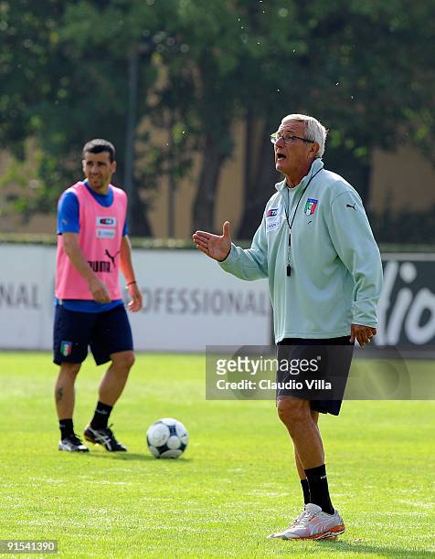 Italy Head Coach Marcello Lippi and Antonio Di Natale during the training at Coverciano on October 7, 2009 in Florence, Italy.