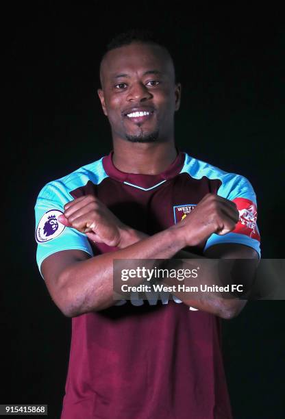 West Ham United Unveil New Signing Patrice Evra at Rush Green on February 7, 2018 in Romford, England.