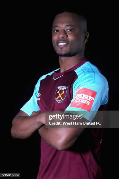 West Ham United Unveil New Signing Patrice Evra at Rush Green on February 7, 2018 in Romford, England.